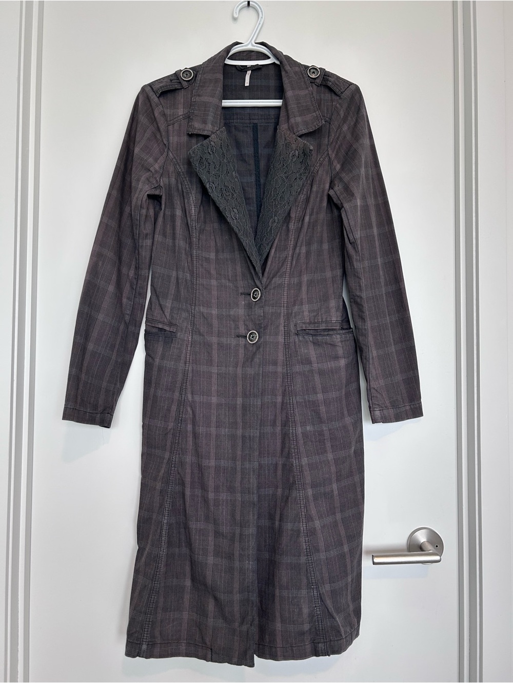 Free People Dark Charcoal Plaid long Coat